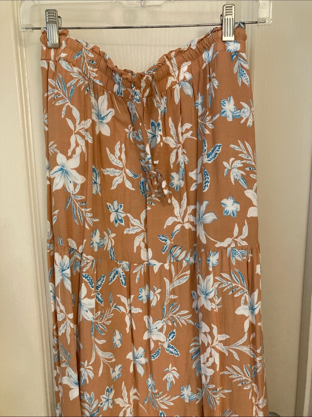 Boho Floral Maxi Skirt in Camel with White & Light Blue Print - Picture 6 of 14